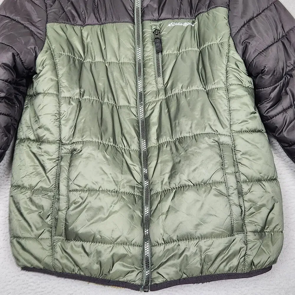 Eddie Bauer Jacket Boys Large Green Black Reversible Camo Hooded Puffer Coat